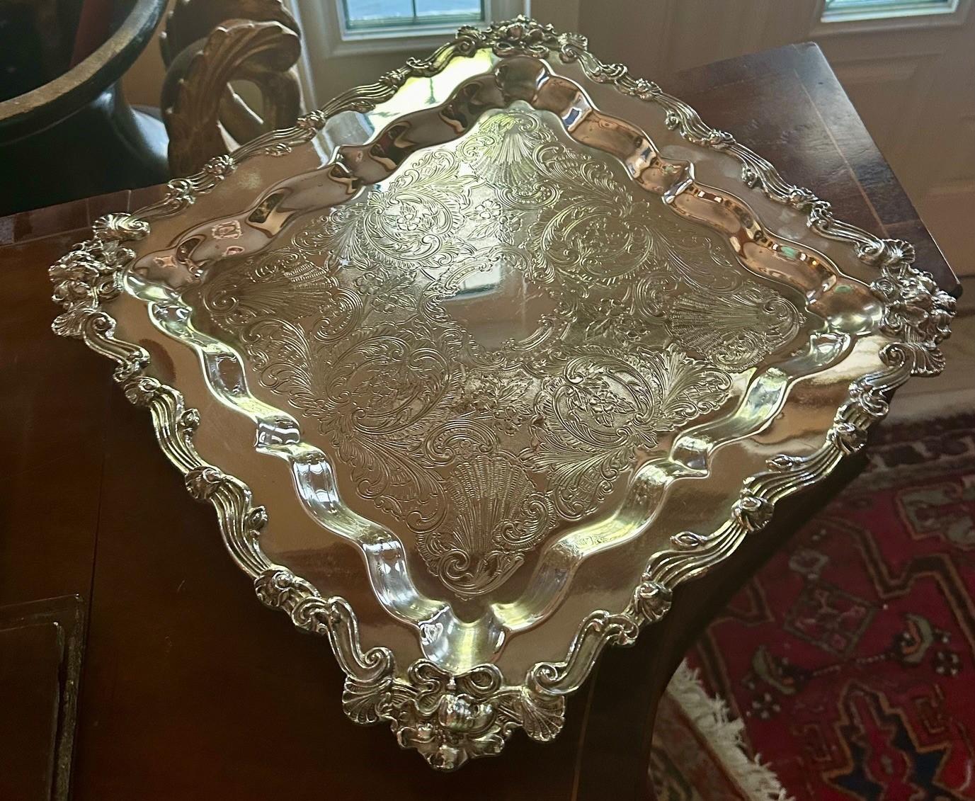 English 20th Century Ornate Square Footed Silver Plate Serving Tray. For Sale