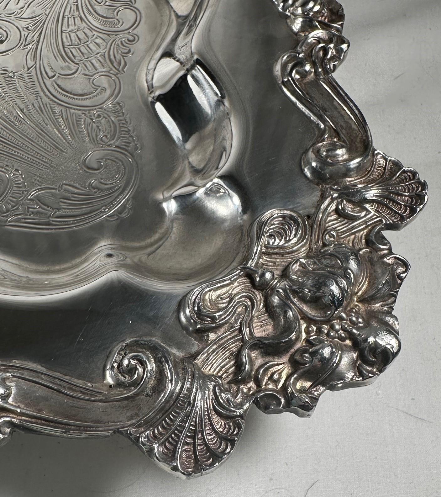 20th Century Ornate Square Footed Silver Plate Serving Tray. In Good Condition For Sale In Vero Beach, FL