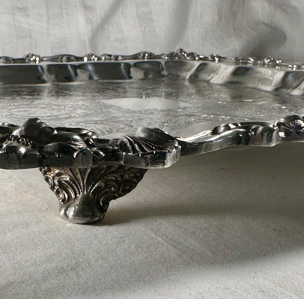 20th Century Ornate Square Footed Silver Plate Serving Tray. For Sale 3