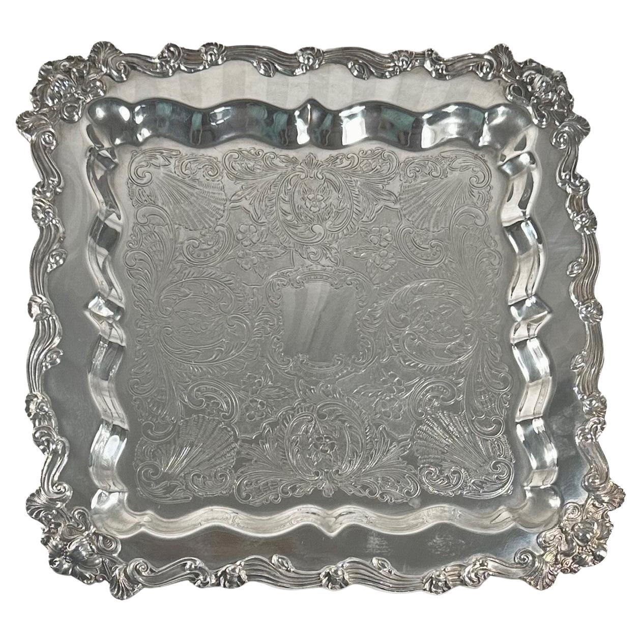 20th Century Ornate Square Footed Silver Plate Serving Tray. For Sale
