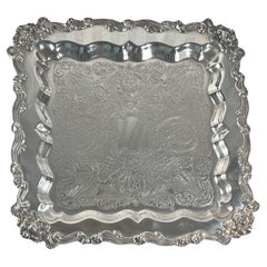 20th Century Ornate Square Footed Silver Plate Serving Tray.
