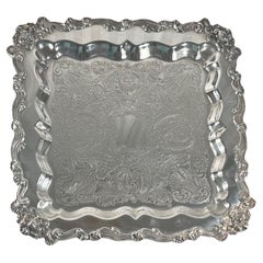 Retro 20th Century Ornate Square Footed Silver Plate Serving Tray.