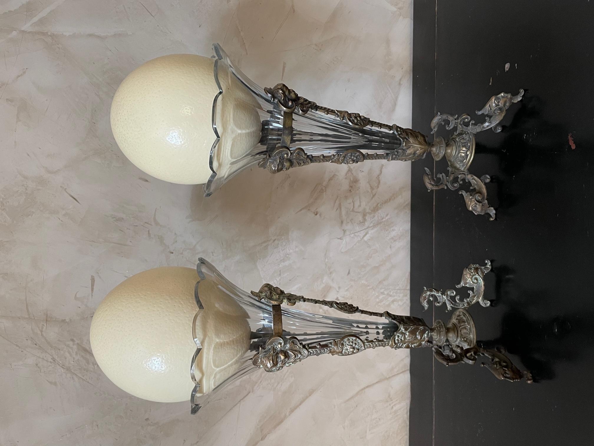 20th century Ostrich Egg, Glass and Bronze Pair of Vases, 1900s In Good Condition In LEGNY, FR