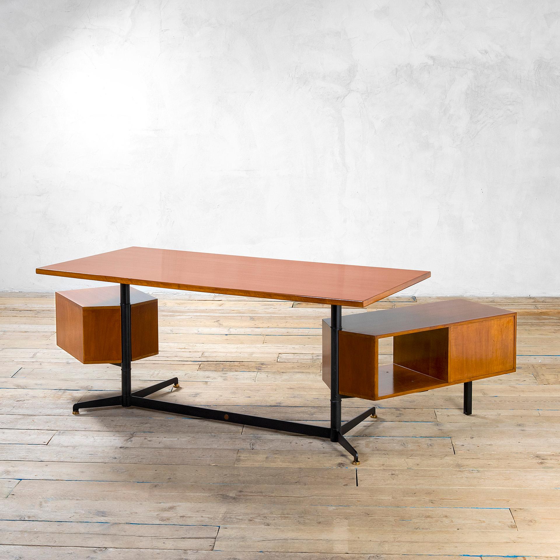 Italian 20th Century Osvaldo Borsani Tecno T96 Desk Wood with 2 Chests of Drawers, 50s