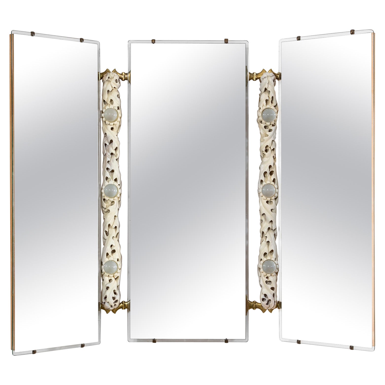 20th Century Osvaldo Borsani Triple Wall Mirror with Structure in Carved Wood