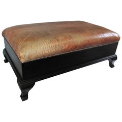 Antique 20th Century Ottoman in Black Painted Surface with Leather Seat