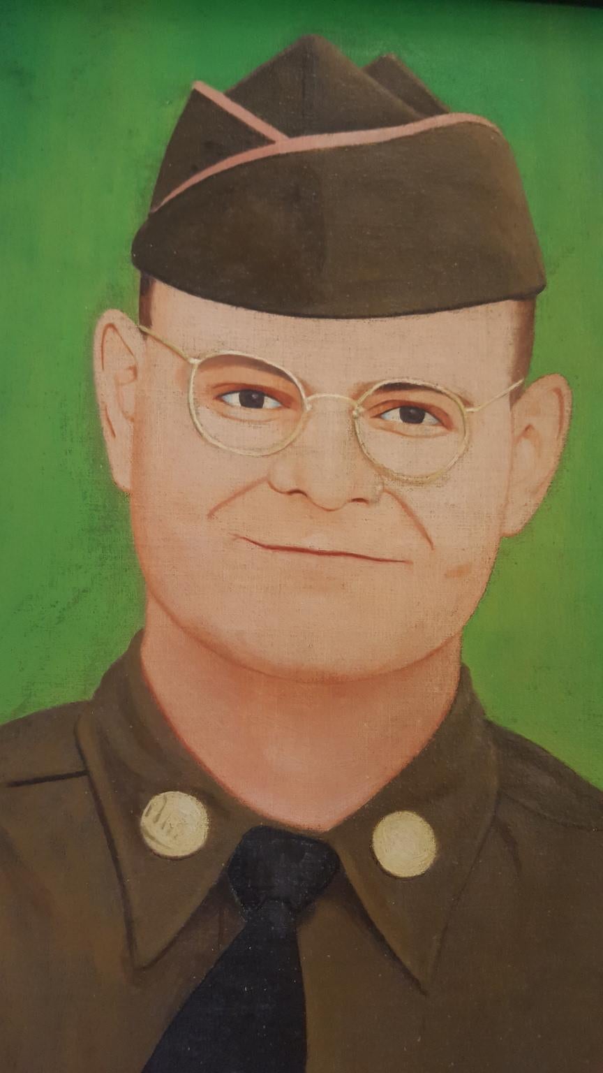 A small oil painting on canvas. It is a naive portrait of an American soldier in uniform. It appears to be framed in a handmade oak frame along with handcrafted pine stretcher bars, and pine turn pieces as levers to hold the painting in the frame.