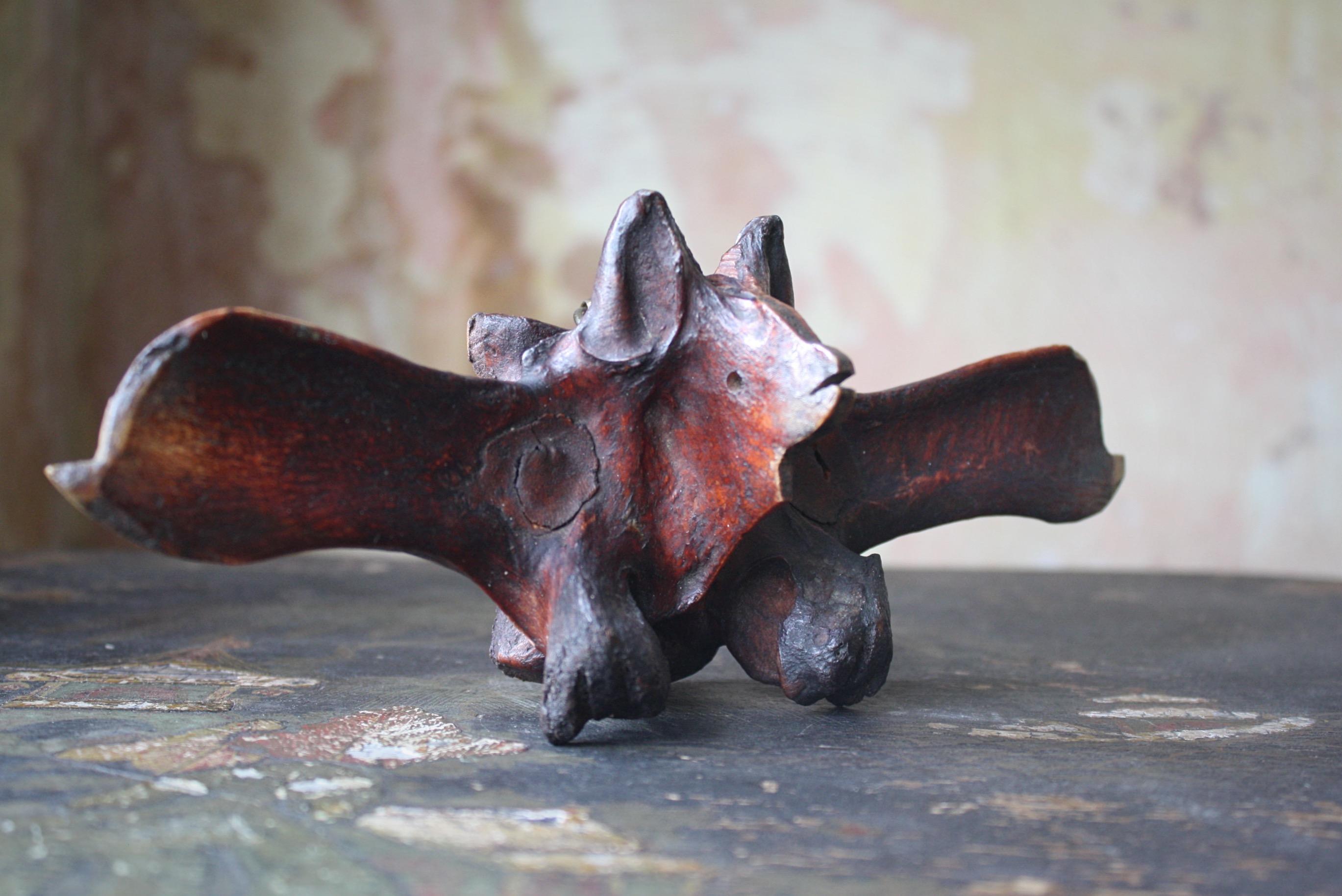 Natural Fiber 20th Century Outsider Folk Art Hand Carved Bone Vertebrae Bat