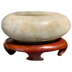 Vintage 20th Century Oval Jade Bowl on Wooden Stand