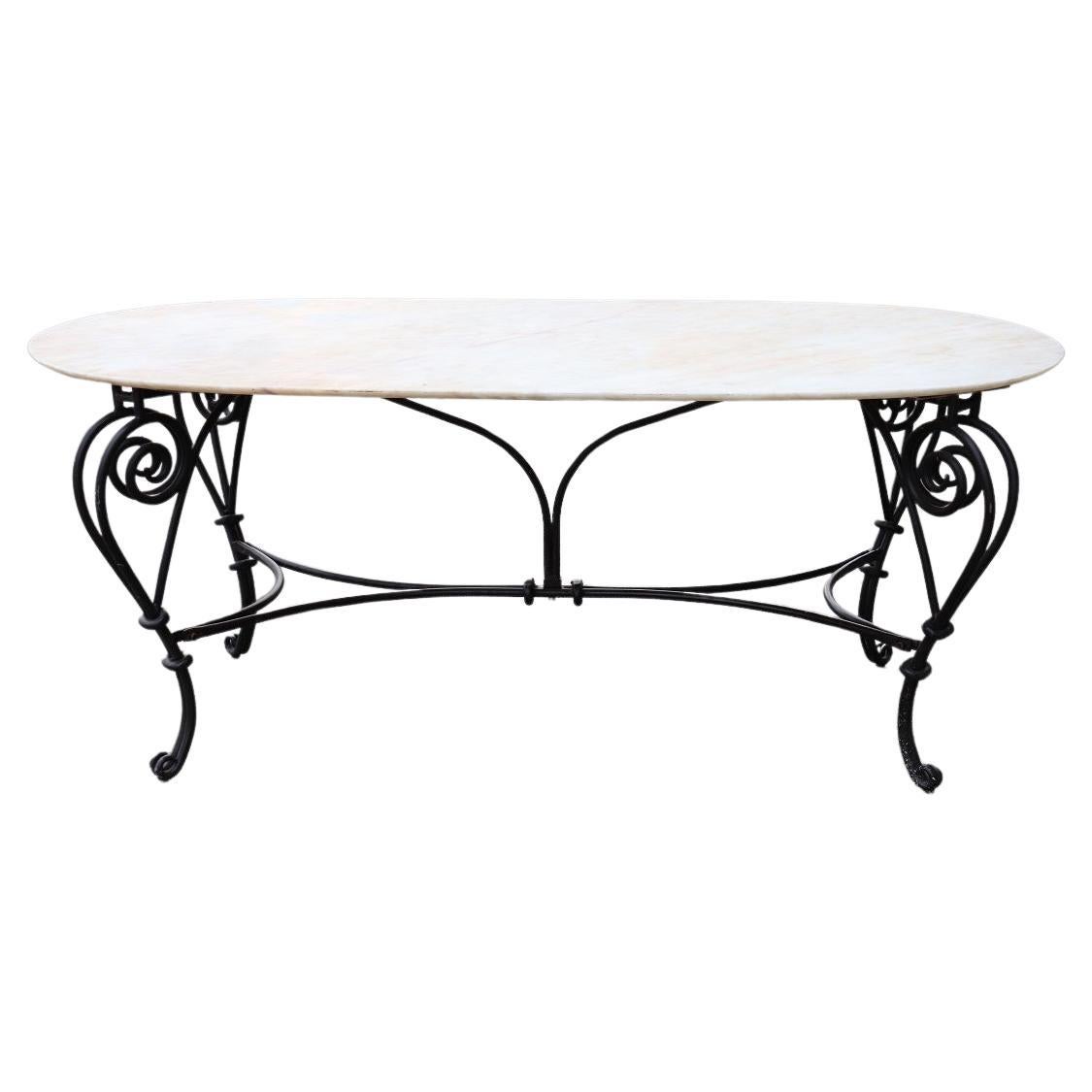 20th Century Oval Large Garden Table in Iron and Marble Top