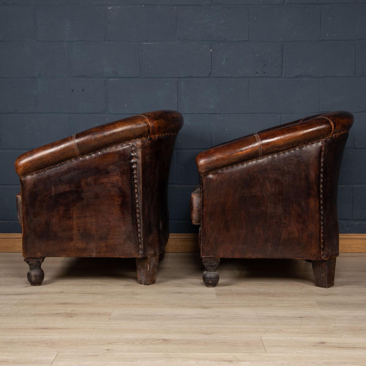 20th Century Oversized Dutch Sheepskin Leather Club Chairs In Good Condition In Royal Tunbridge Wells, Kent