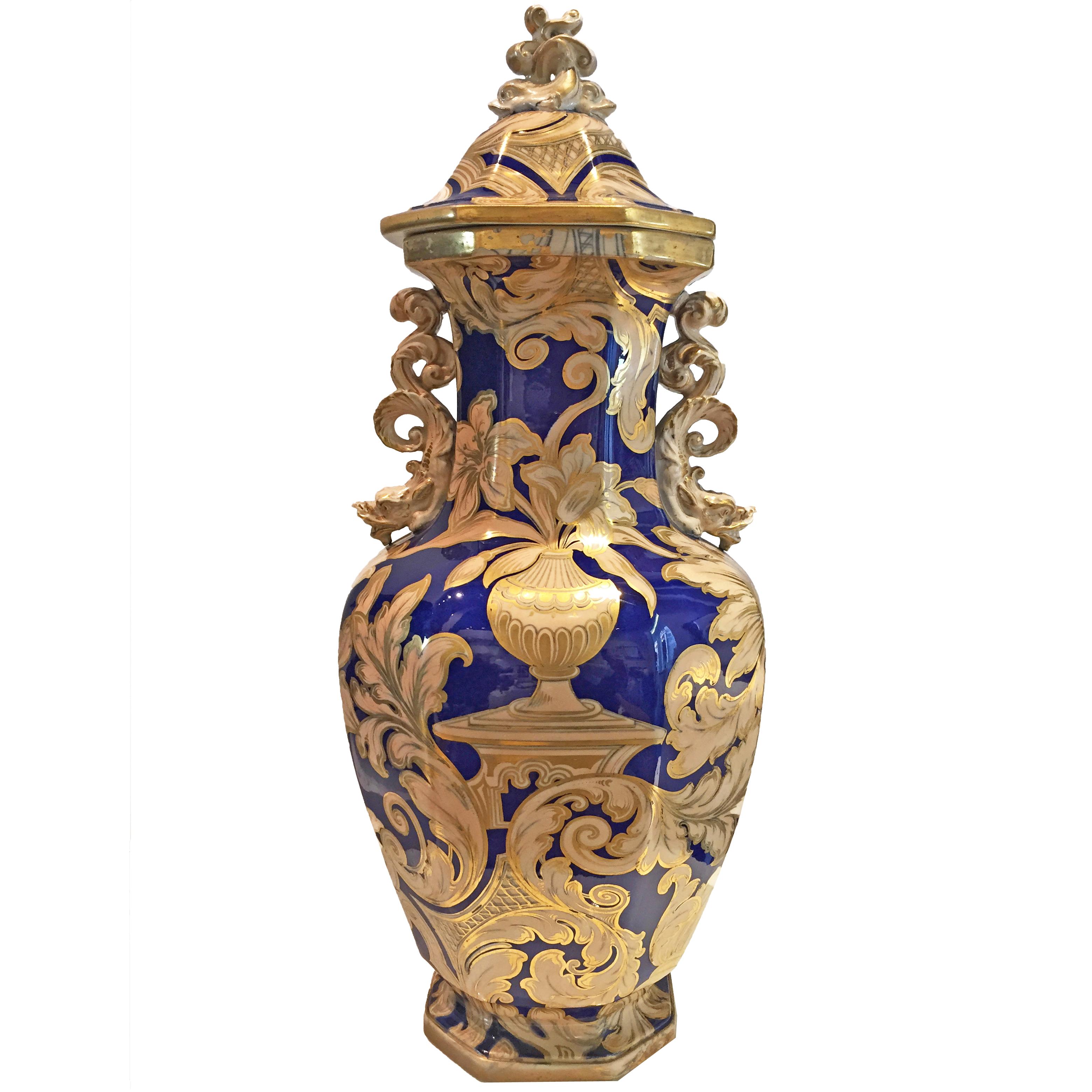 20th Century Oversized Oriental Style Blue and Gold Antique Vase by Spode For Sale
