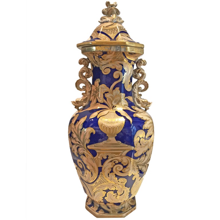 20th Century Oversized Oriental Style Blue and Gold Antique Vase by