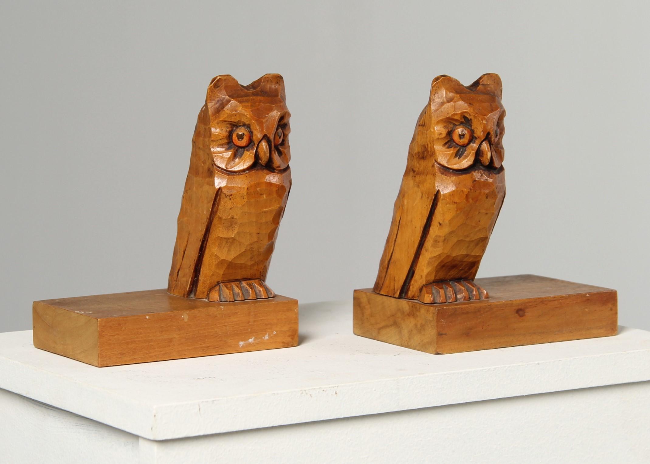 Two carved owls as bookends, 1980s
