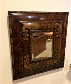 20th Century Oyster Olivewood Cushion Mirror with Marquetry Inlay & Bevel Glass