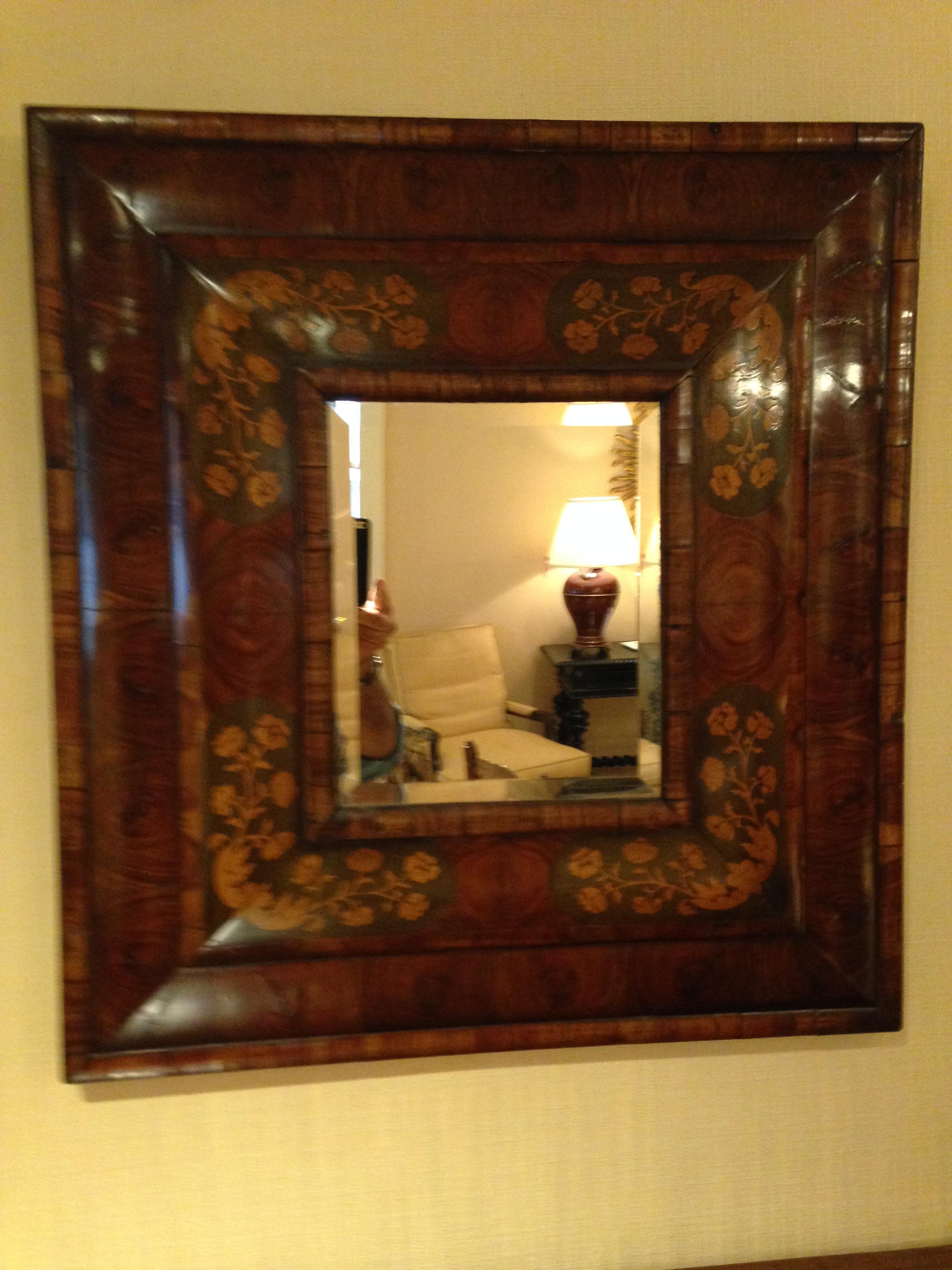 Beveled 20th Century Oyster Olivewood Cushion Mirror with Marquetry Inlay & Bevel Glass For Sale