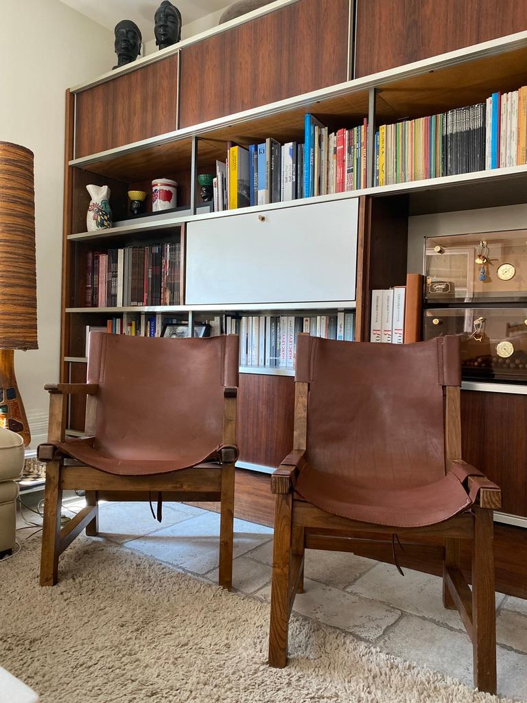 Paco muños leather and walnut armchairs and chairs, darro 1959 edition 