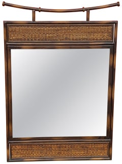 20th Century Pagoda Style Faux Rattan Metal and Wicker Wall Mirror
