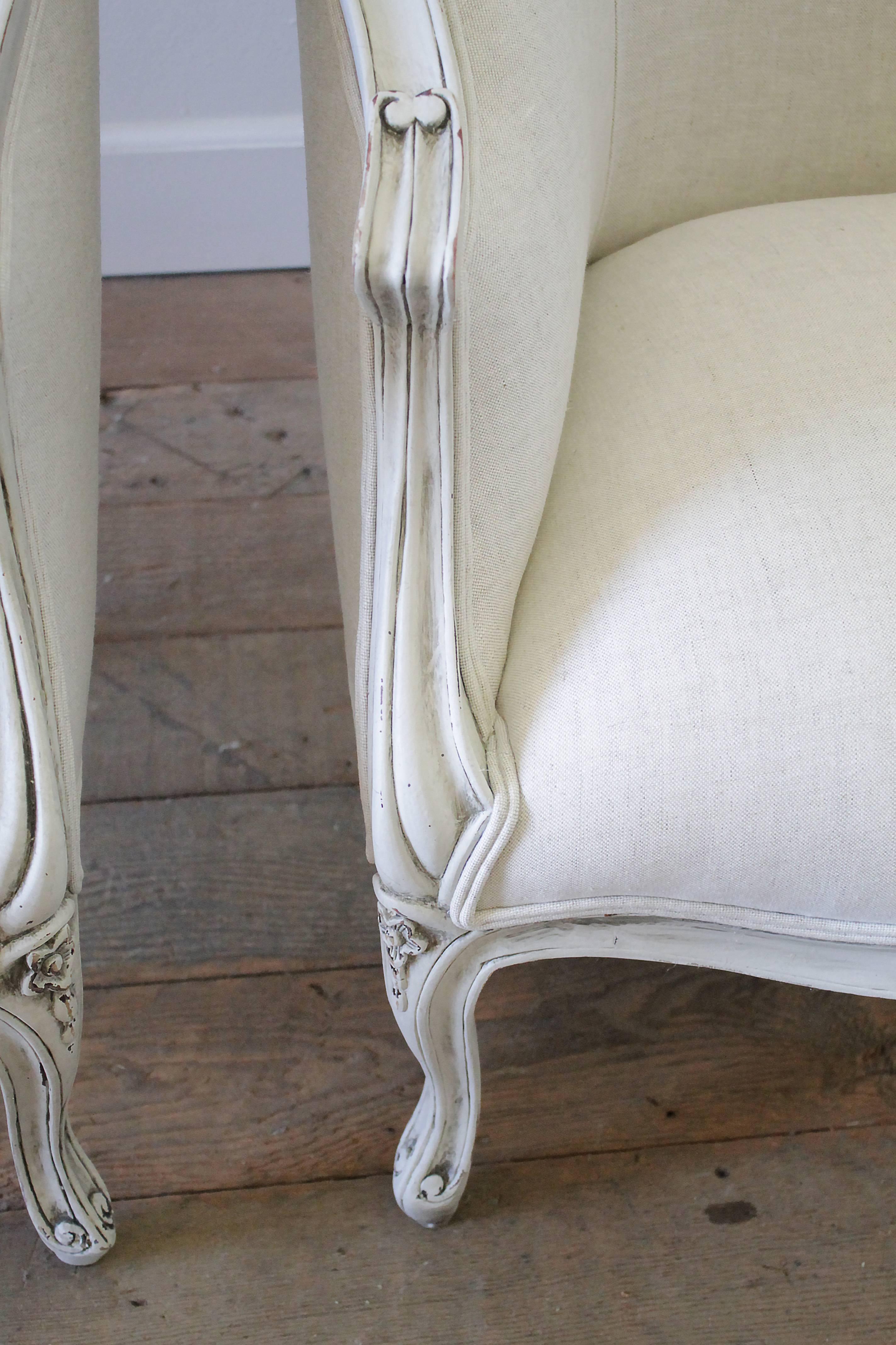 20th Century Painted and Upholstered Pair of Linen Bergere Chairs In Good Condition In Brea, CA