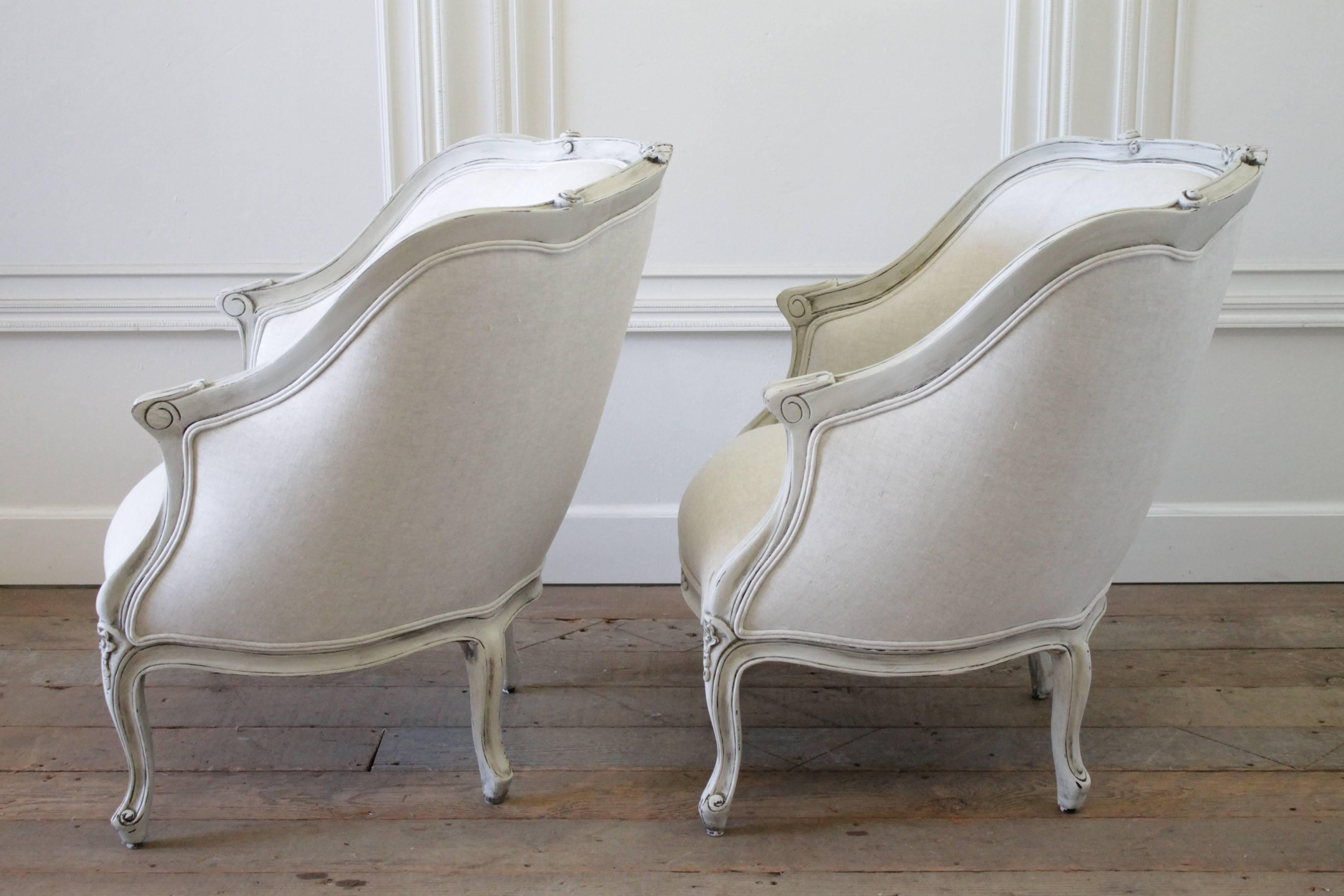 20th Century Painted and Upholstered Pair of Linen Bergere Chairs 2