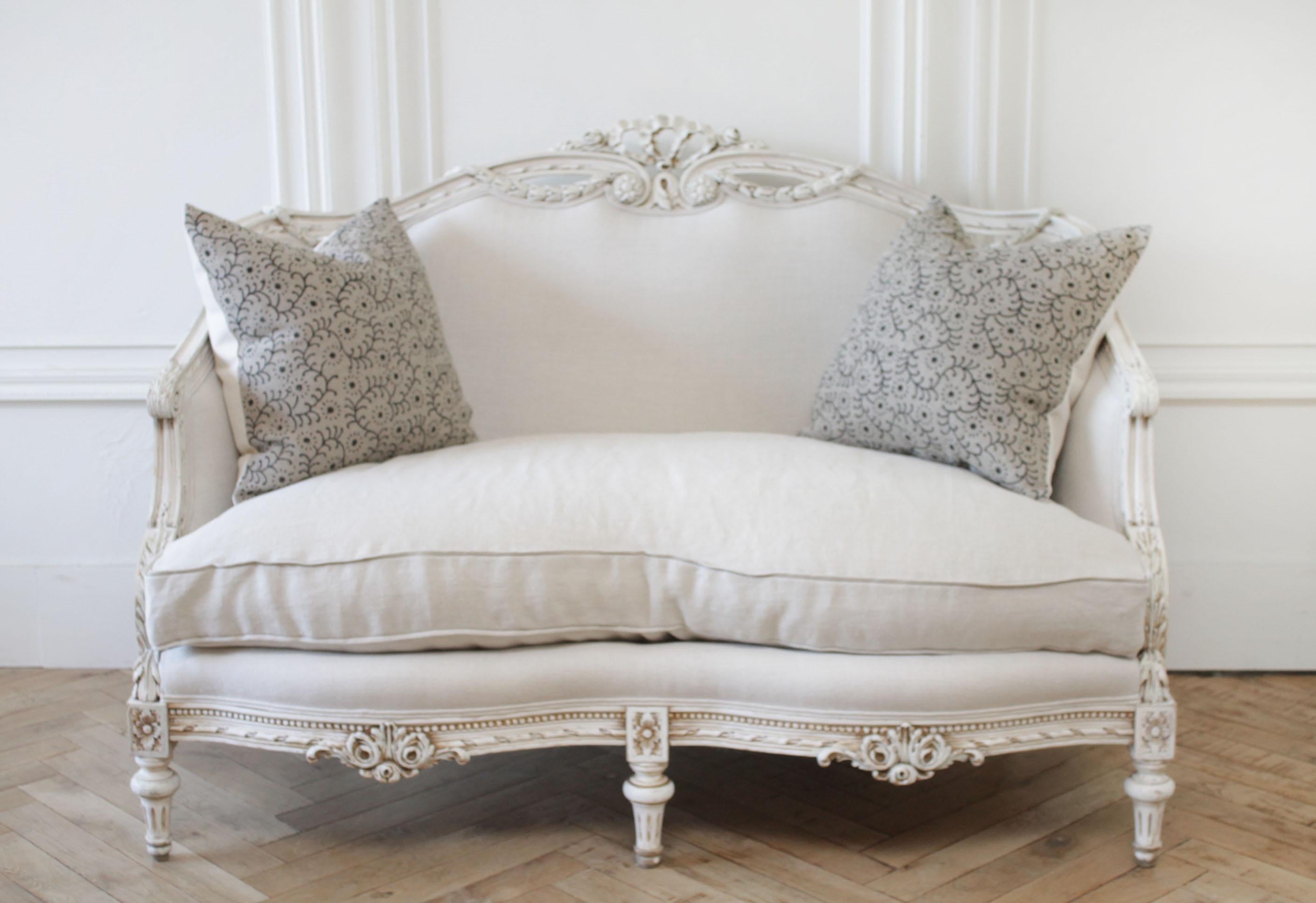 20th Century Painted Carved Louis XVI Style Settee Upholstered in Irish Linen 6