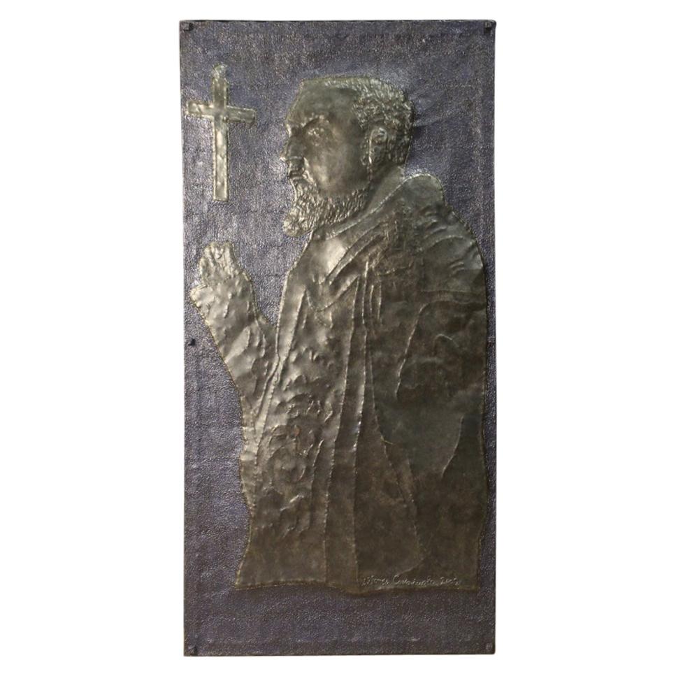 20th Century Painted Chiselled Metal Italian Signed High Relief Sculpture, 2002
