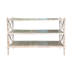 20th Century Painted Faux Bamboo and Caned Three-Tier Étagère, Glass Shelves