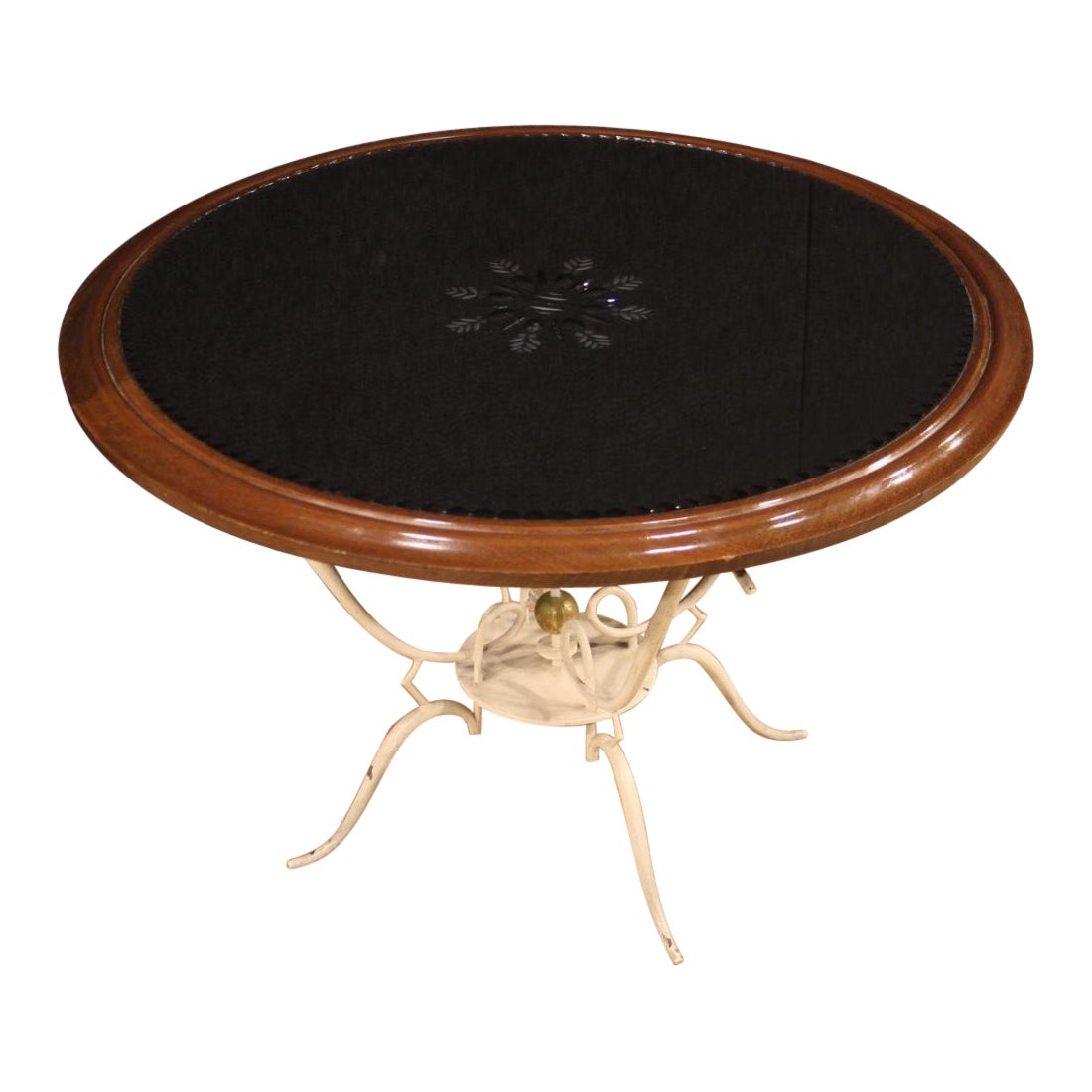 table basse ronde en métal peint et doré, bois, design français du 20e siècle, années 1960