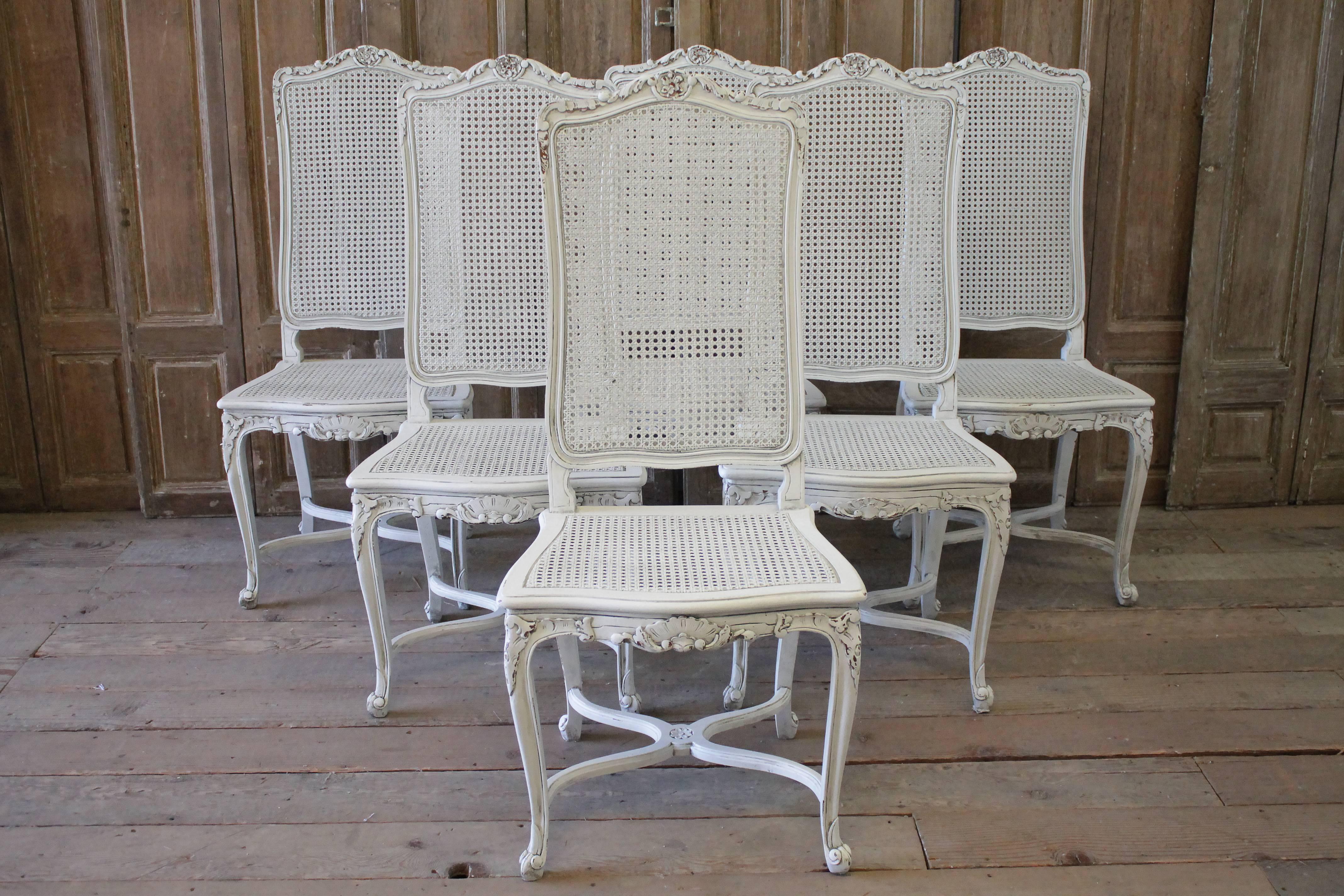 20th Century Painted Louis XV Style Cane Back Dining Chairs with Linen Cushions 6
