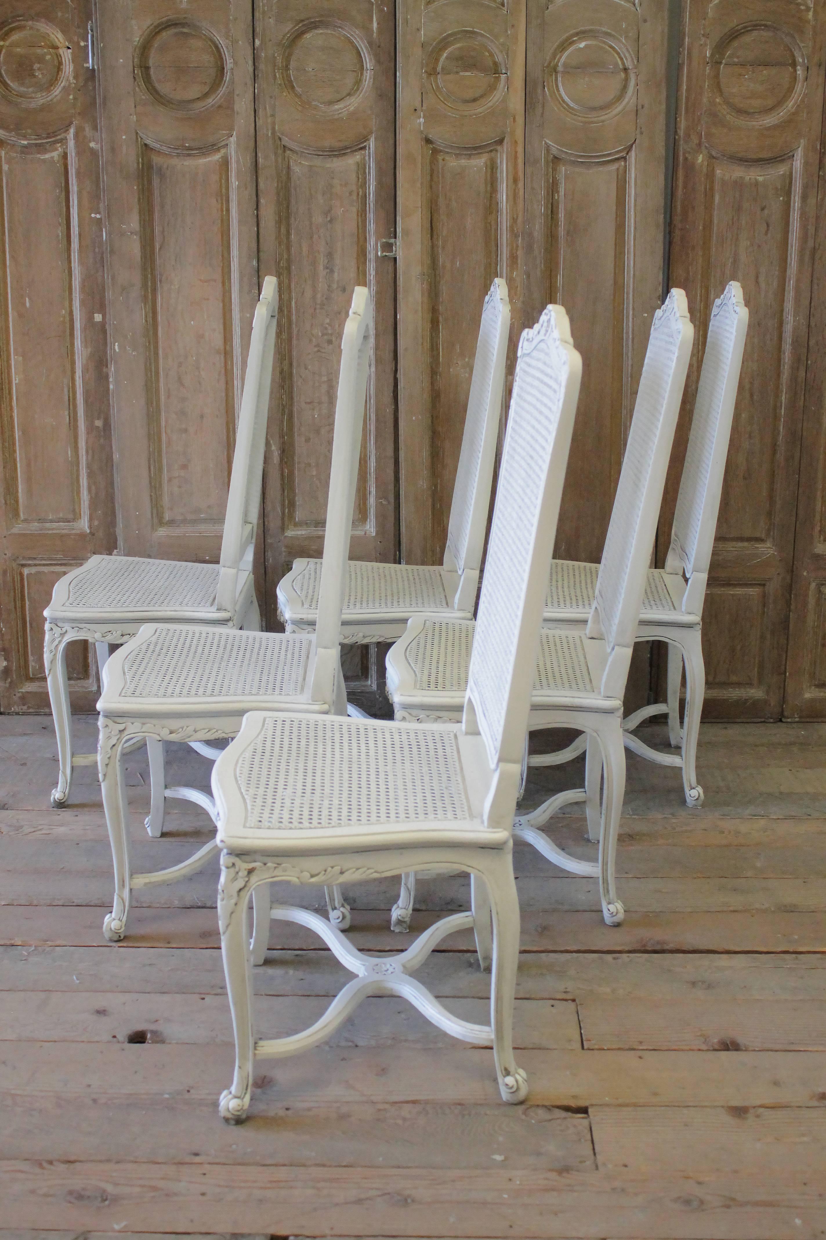 20th Century Painted Louis XV Style Cane Back Dining Chairs with Linen Cushions 8