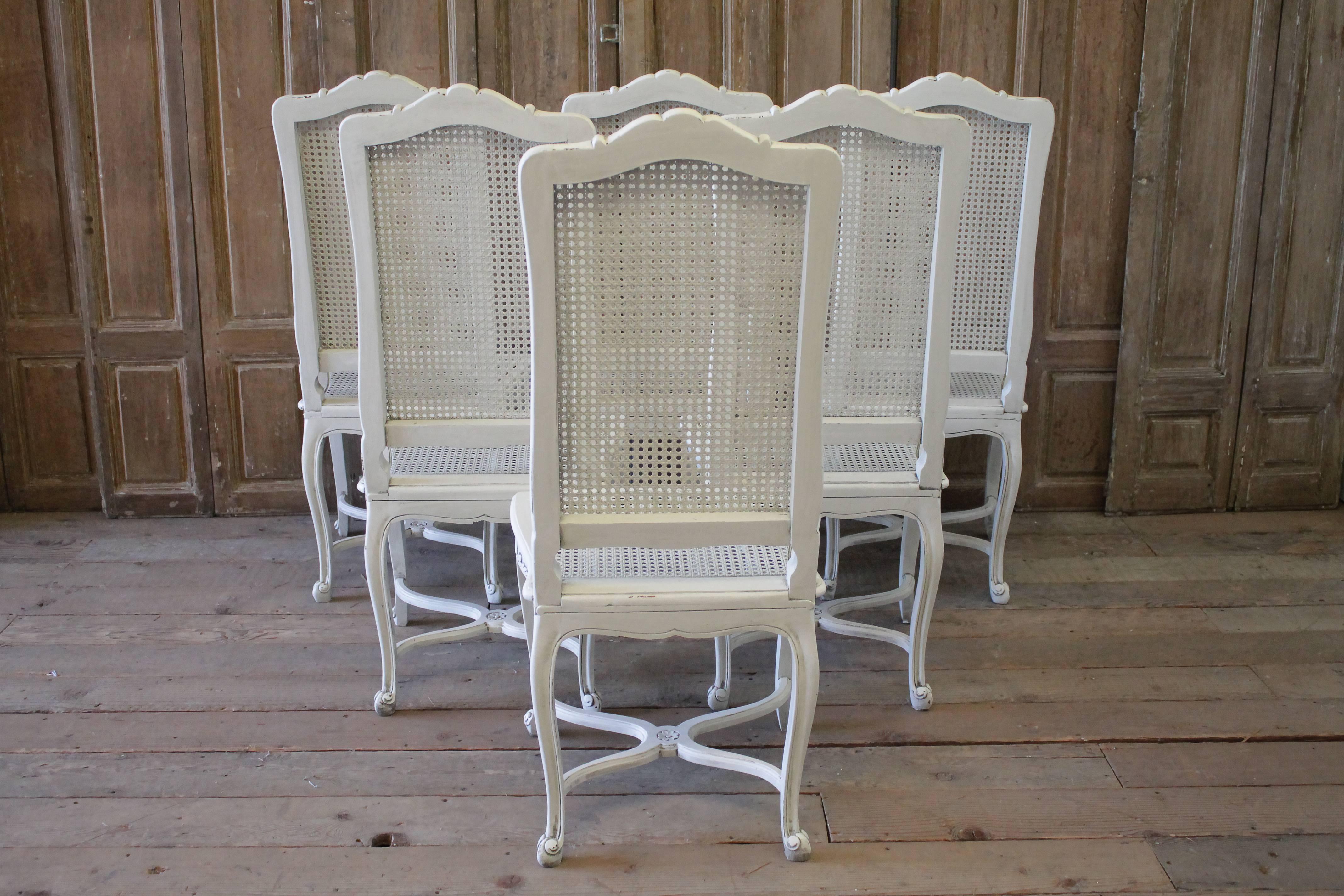 20th Century Painted Louis XV Style Cane Back Dining Chairs with Linen Cushions 9