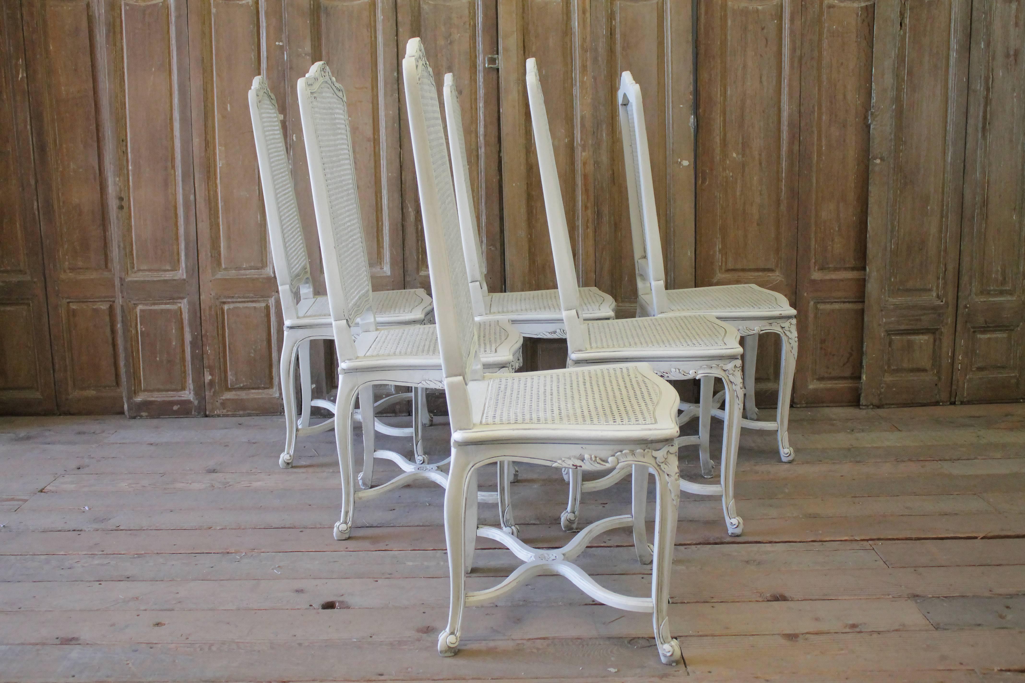 20th Century Painted Louis XV Style Cane Back Dining Chairs with Linen Cushions 10