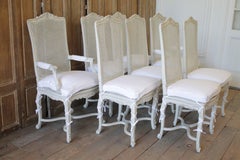 20th Century Painted Louis XV Style Cane Back Dining Chairs with Linen Cushions