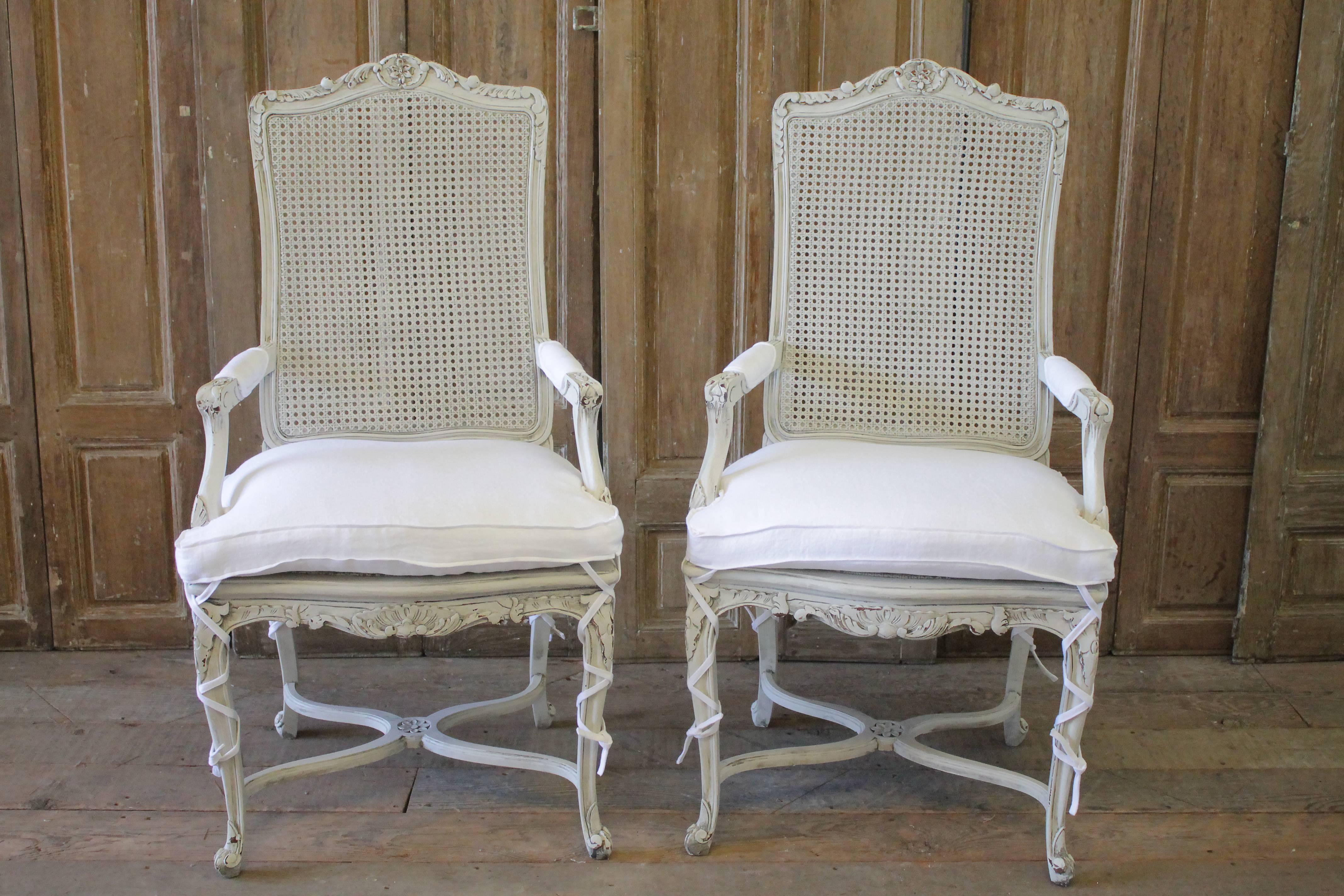 20th Century Painted Louis XV Style Cane Back Dining Chairs with Linen Cushions 4