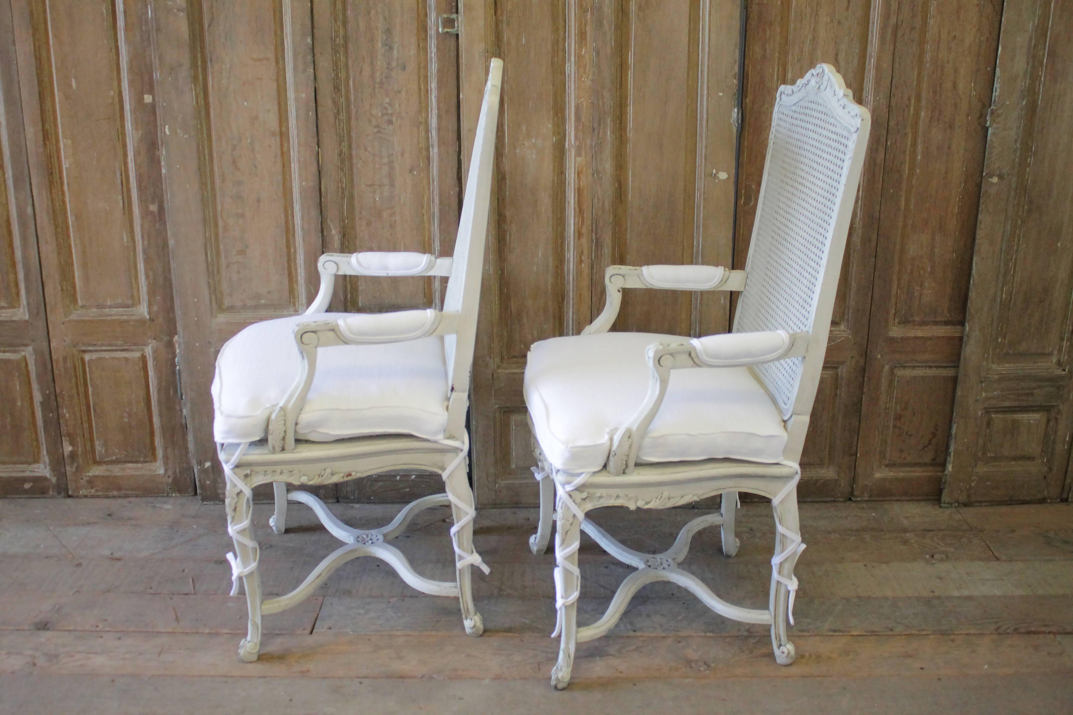 20th Century Painted Louis XV Style Cane Back Dining Chairs with Linen Cushions 5