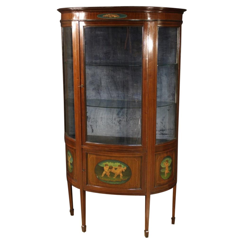 20th Century Painted Mahogany and Maple Wood English Demilune Display Cabinet