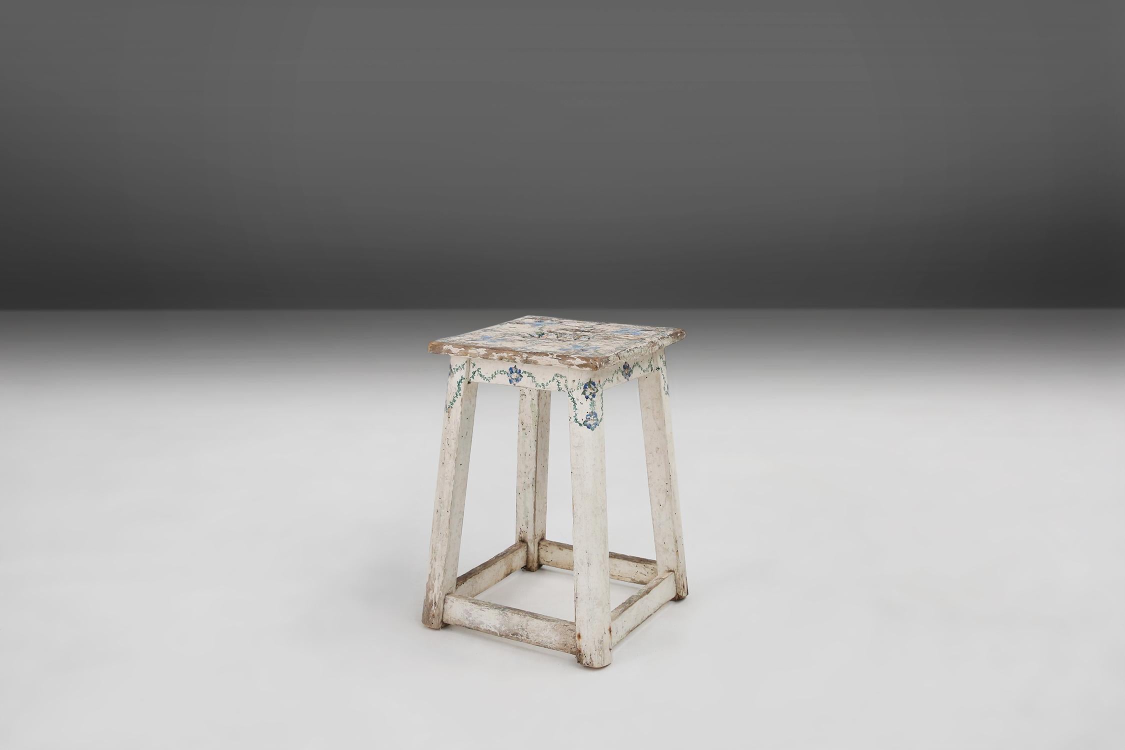 Rustic 20th Century Painted Stool with Patina For Sale