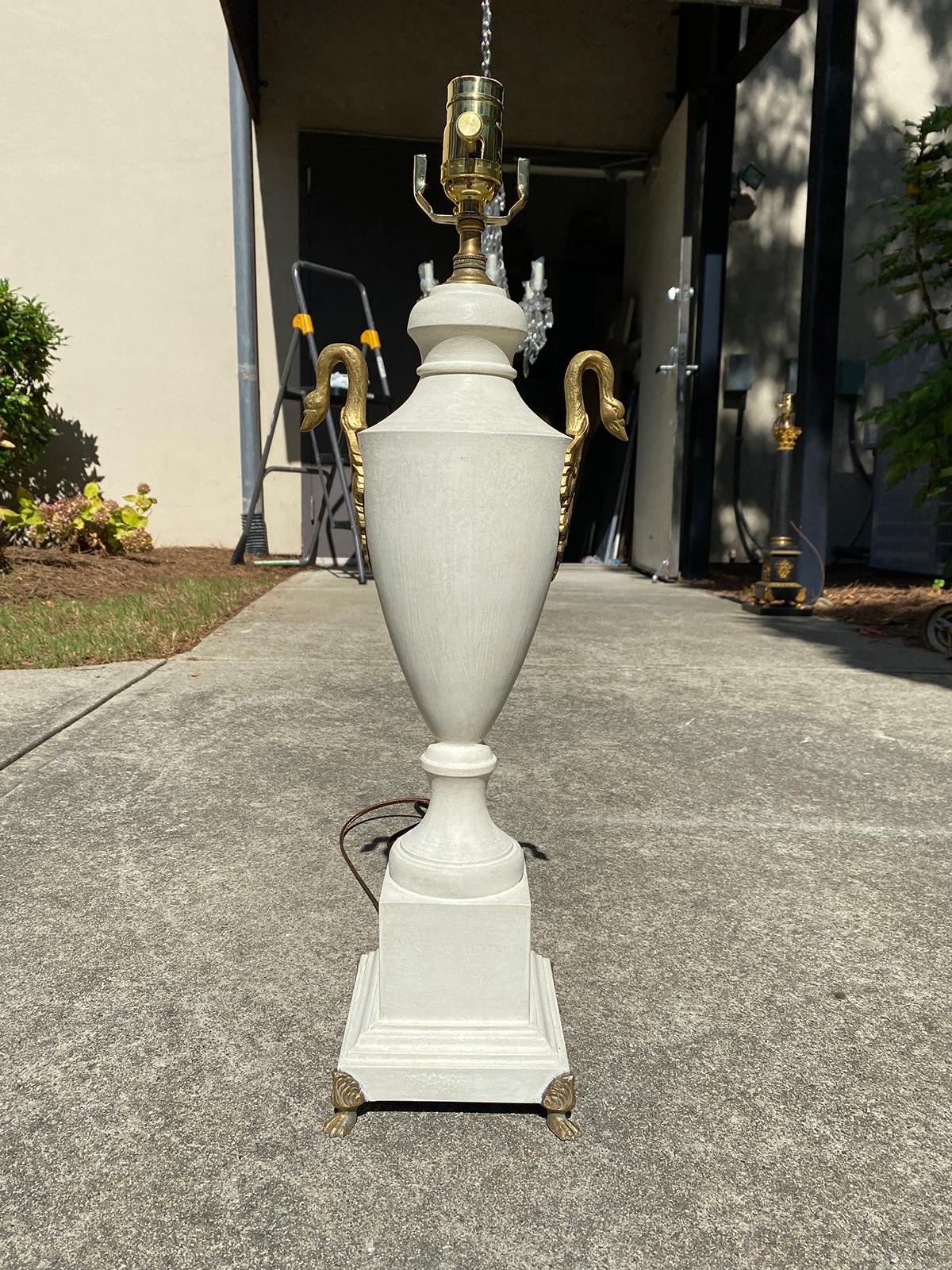 20th century painted tole urn lamp with swan motif, custom finish
New wiring.