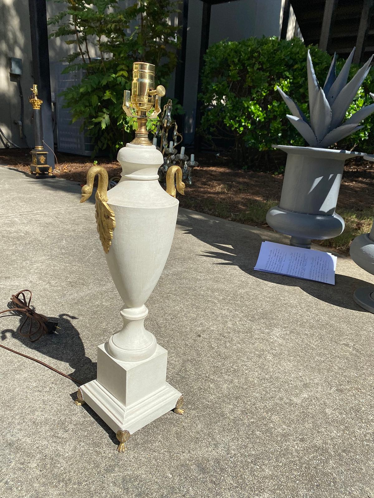 Gilt 20th Century Painted Tole Urn Lamp with Swan Motif, Custom Finish For Sale
