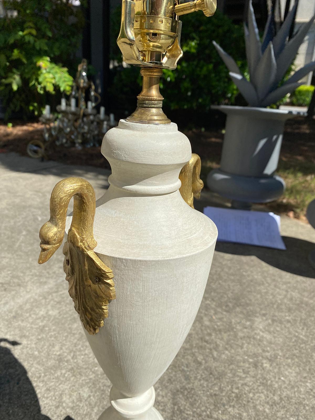 20th Century Painted Tole Urn Lamp with Swan Motif, Custom Finish In Good Condition For Sale In Atlanta, GA