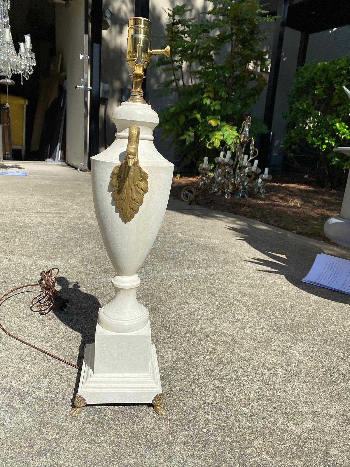 20th Century Painted Tole Urn Lamp with Swan Motif, Custom Finish For Sale 1