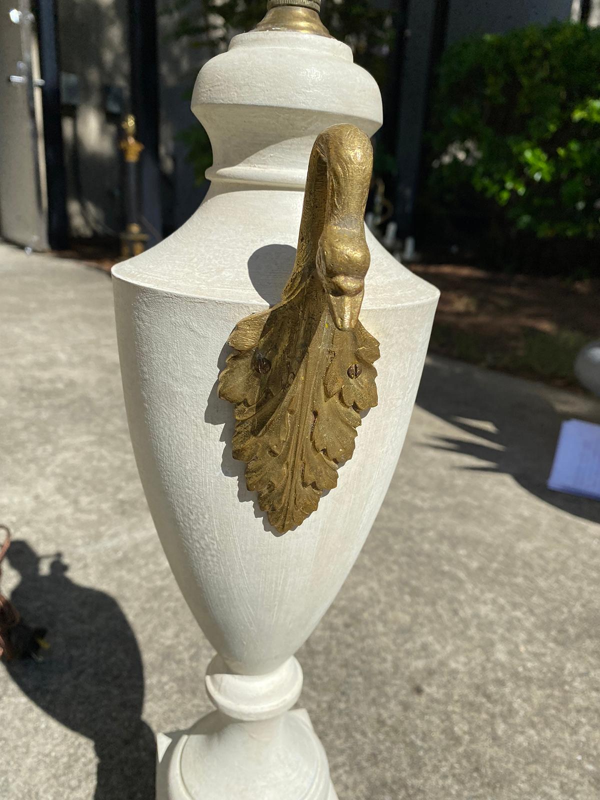 20th Century Painted Tole Urn Lamp with Swan Motif, Custom Finish For Sale 2