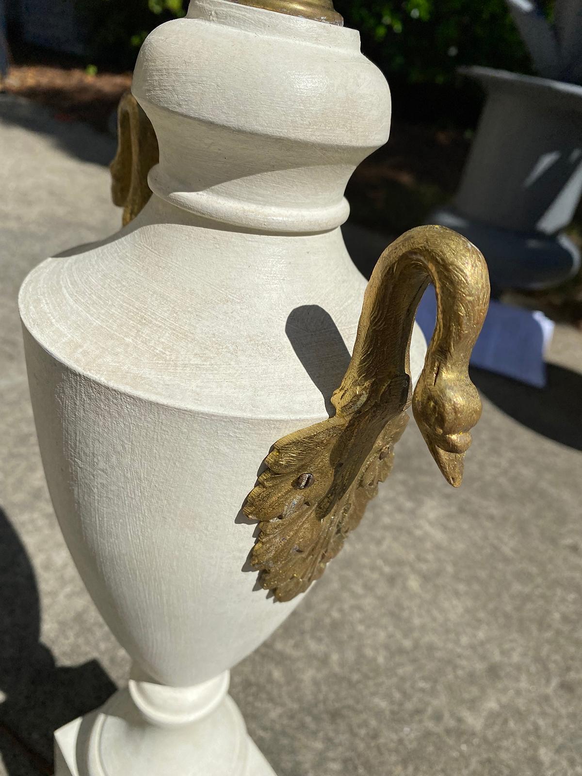 20th Century Painted Tole Urn Lamp with Swan Motif, Custom Finish For Sale 4
