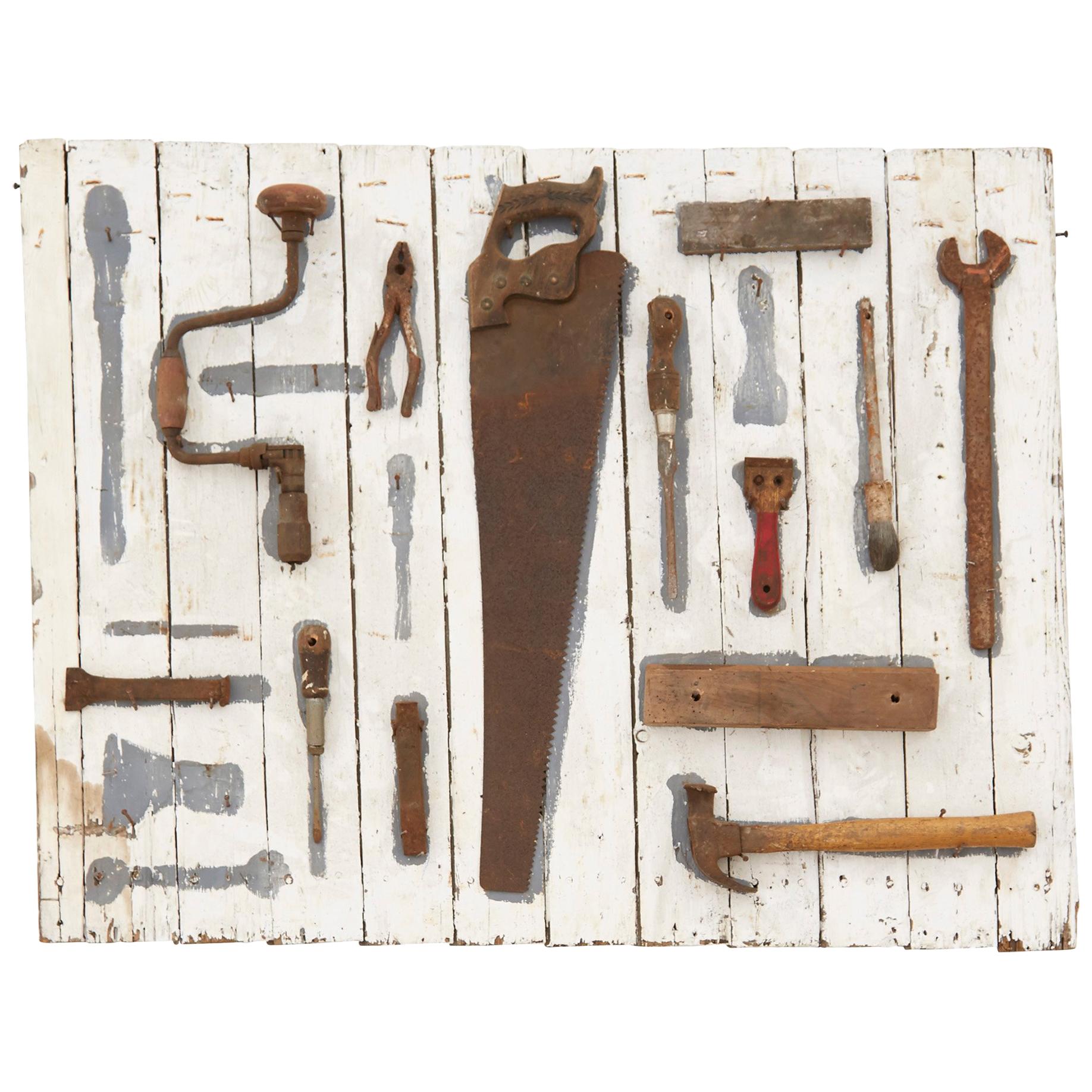 20th Century Painted Weathered Wood Tool Board For Sale