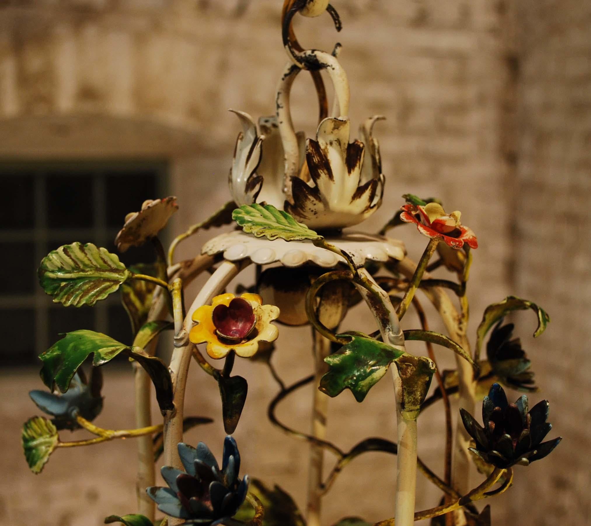 Italian 20th Century Painted Wrought Iron Flower Chandelier
