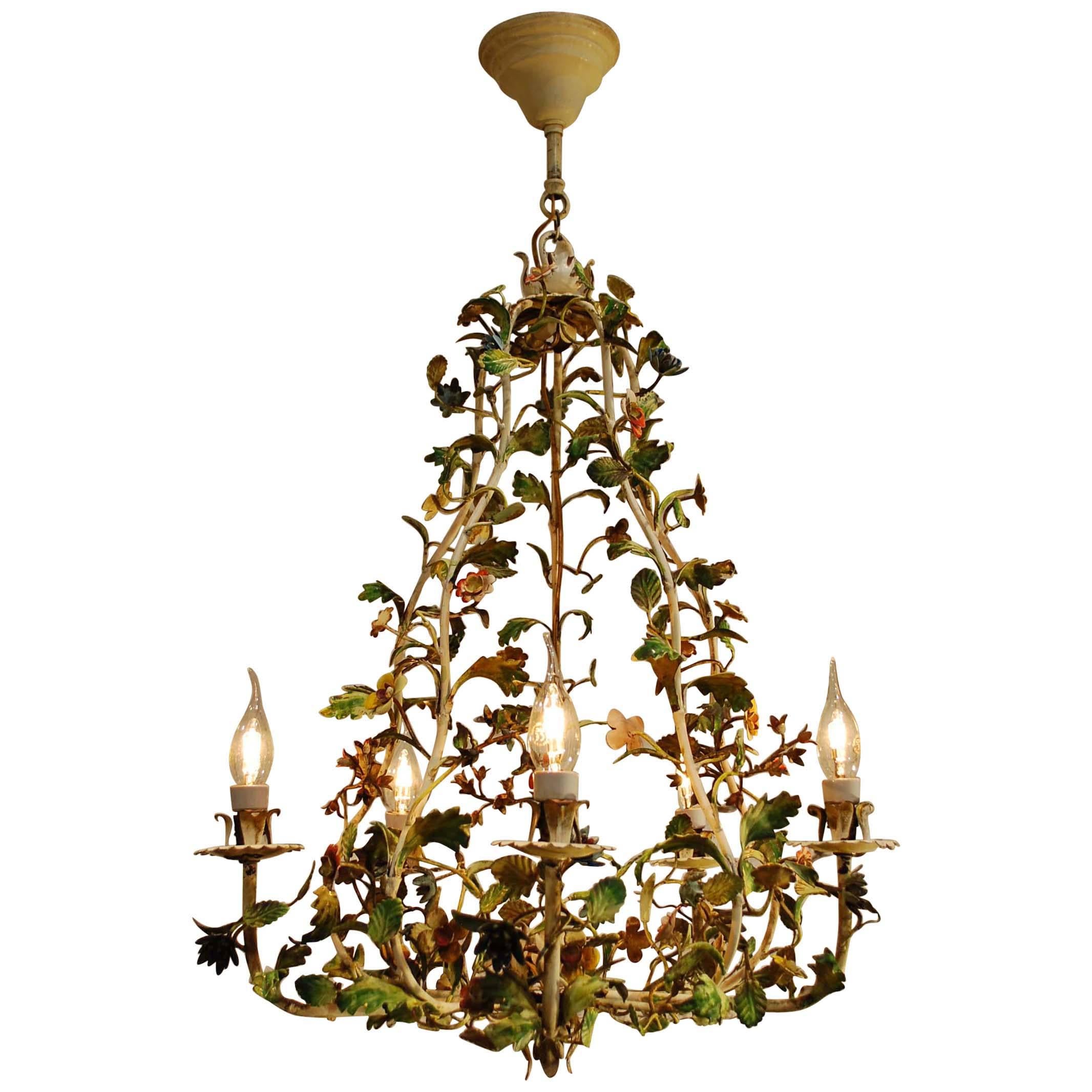 20th Century Painted Wrought Iron Flower Chandelier