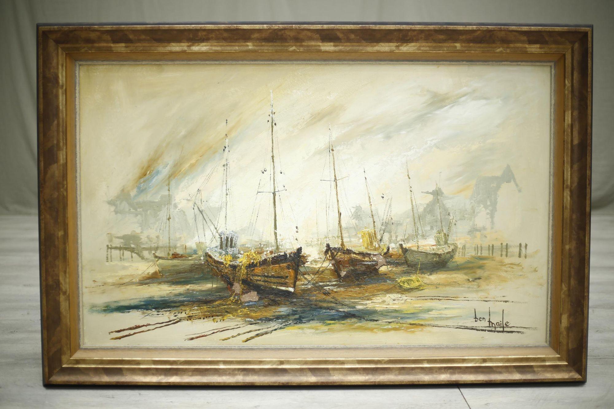 This is a very large 20th century oil on canvas painting of boats on a beach titled- After the storm. The colours used and the attractive texture make this a very attractive painting and with its size being very large it is certainly a decorative