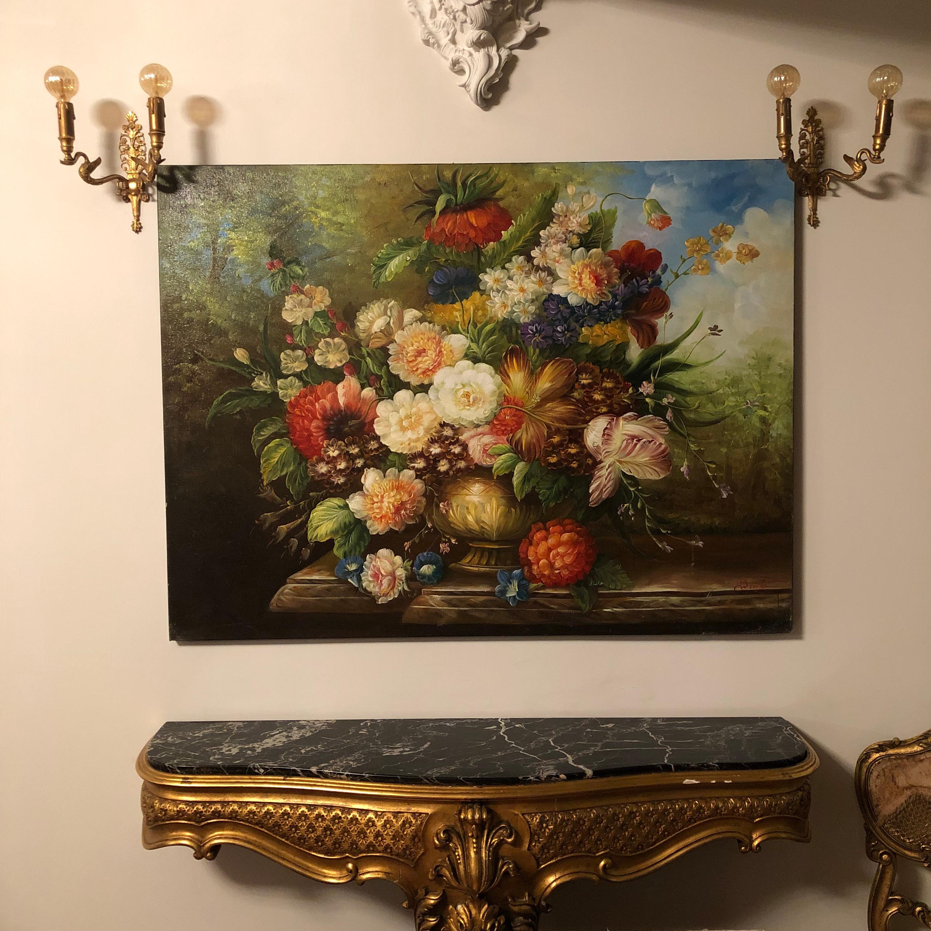 French 20th Century Painting “Fleurs” Oil on Canvas Signed by Peter Brooks For Sale