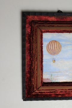 20th Century Painting “Hot air balloon” Red frame Signed AVD Borght Belgium