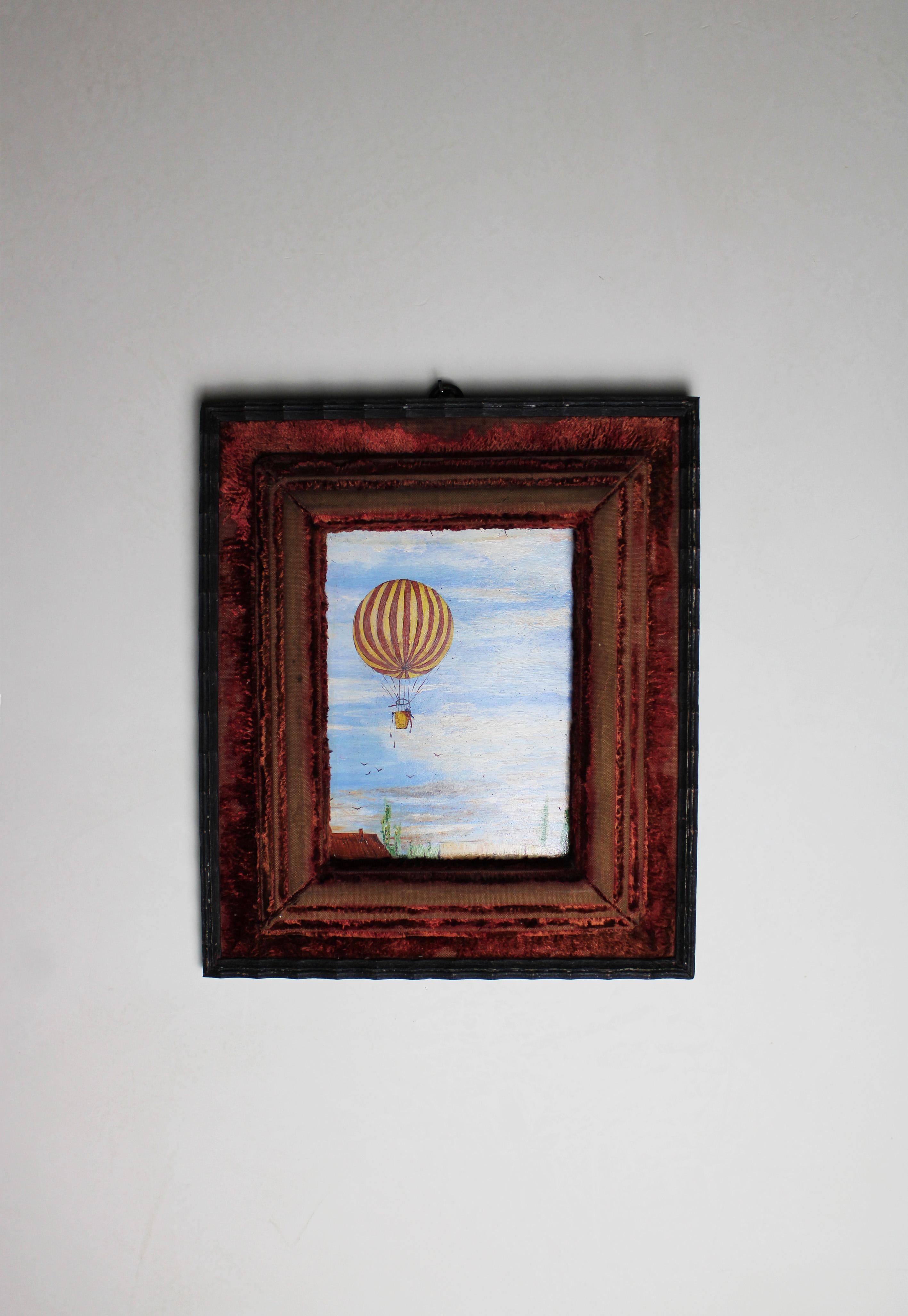 Post-Modern 20th Century Painting “Hot air balloon” Red frame Signed AVD Borght Belgium For Sale